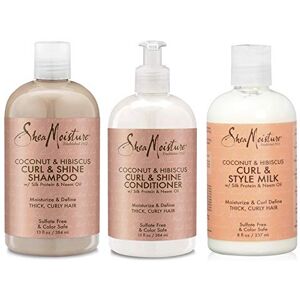 SHEA MOISTURE Lot de 3 soins Curl & Shine à la coco et à l'hibiscus cheveux bouclés shampoing/après-shampoing/lait coiffant - Publicité