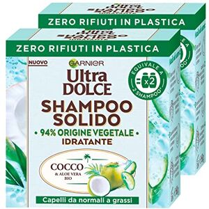 Garnier 2x  Ultra Doux Shampooing Solide Hydratant Coco et Aloe Vera Bio avec ingrédients d'origine naturelle pour cheveux normaux ou gras 2 shampooings solides de 60 g - Publicité