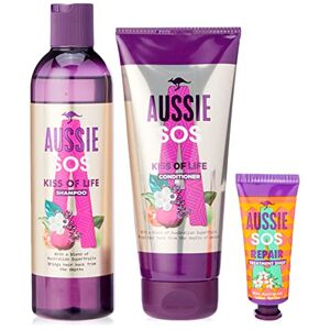 Aussie SOS Ensemble shampooing et après-shampoing + masque capillaire Intense Shot pour cheveux secs et abîmés, traitement réparateur Kiss of Life avec superaliments australiens, shampooing, - Publicité