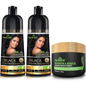 Herbishh Combo Pack-2pcs  Hair Color Shampoo for Gray Hair+ 1pc Argan Intense Hair Mask- Hair Dye Shampoo – Colors Hair in Minutes – Long-lasting color– 500 Ml –Stimulates Dry Frizzy Hair (Black) - Publicité