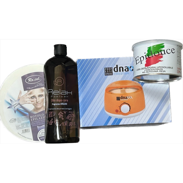 set cera con scaldacera vaso kiepe piu' cera vaso epidouce 400 ml piu' olio lt dopocera relax piu' rotolo depilazione