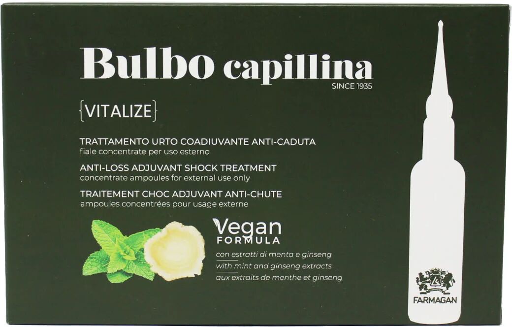 Farmagan Bulbo Capillina Formula Vegan Vitalize Trattamento Urto Coadiuvante Anti Caduta Per Capelli 10 Fiale Da 7,5 ml