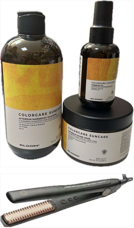 Kit Solari Elgon Shampoo+mask+spray Con Piastra Retro' Comb Hair Straightener In Omaggio Borsa Mare Elgon