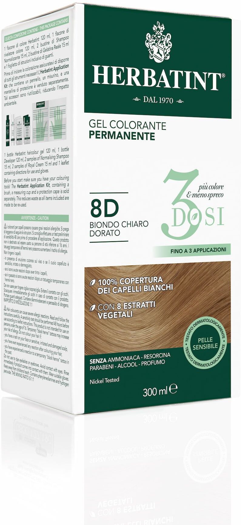 Herbatint Gel Colorante Permanente 3 Dosi 8d Biondo Chiaro Dorato 300ml