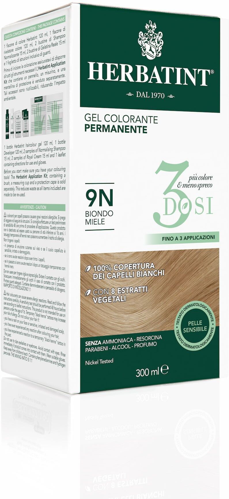 Herbatint Gel Colorante Permanente 3 Dosi 9n Biondo Miele 300ml