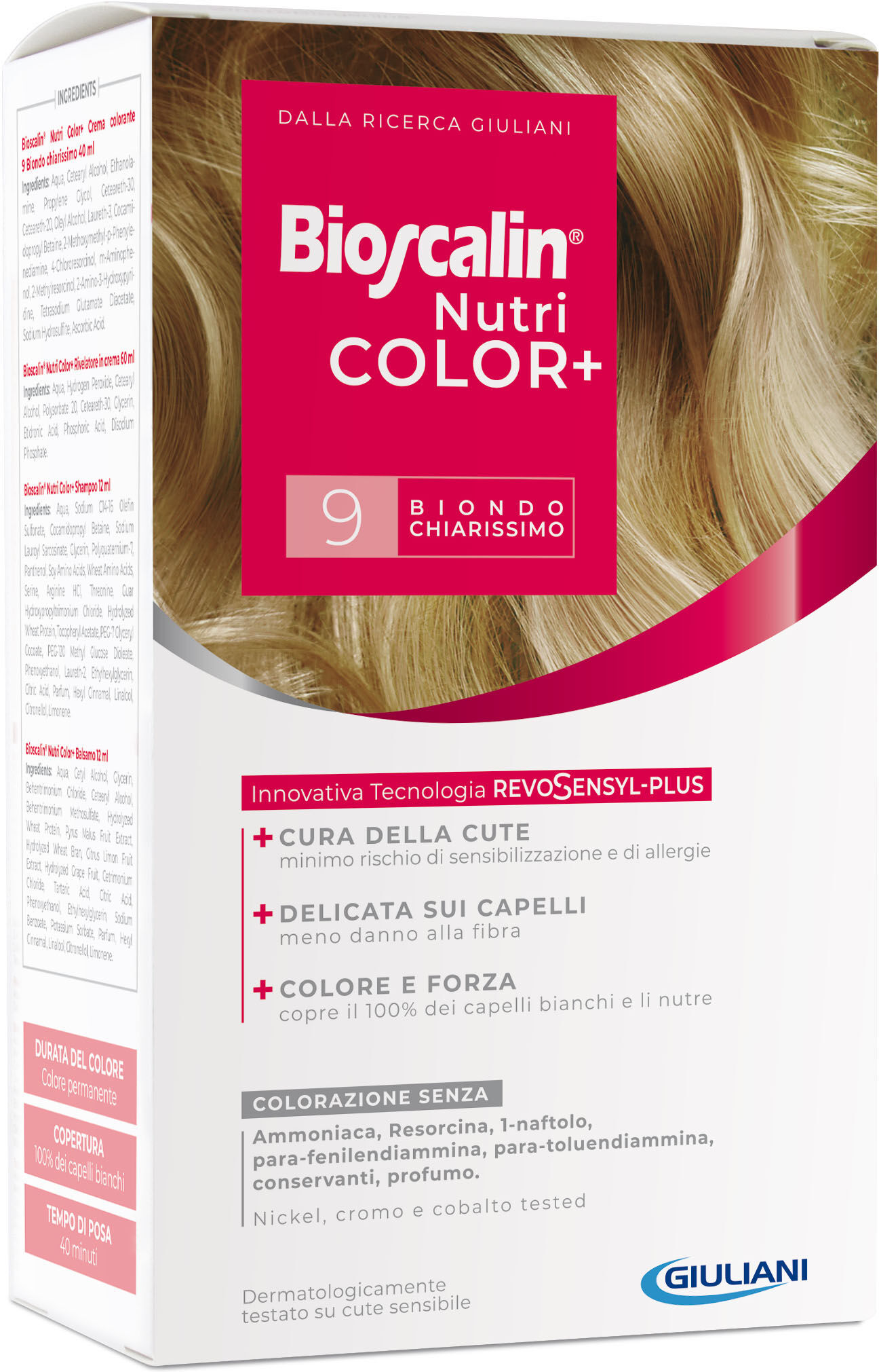 Bioscalin nutricolor plus 9 biondo chiarissimo crema colorante 40 ml + rivelatore crema 60 ml + shampoo 12 ml + trattamento finale balsamo 12 ml