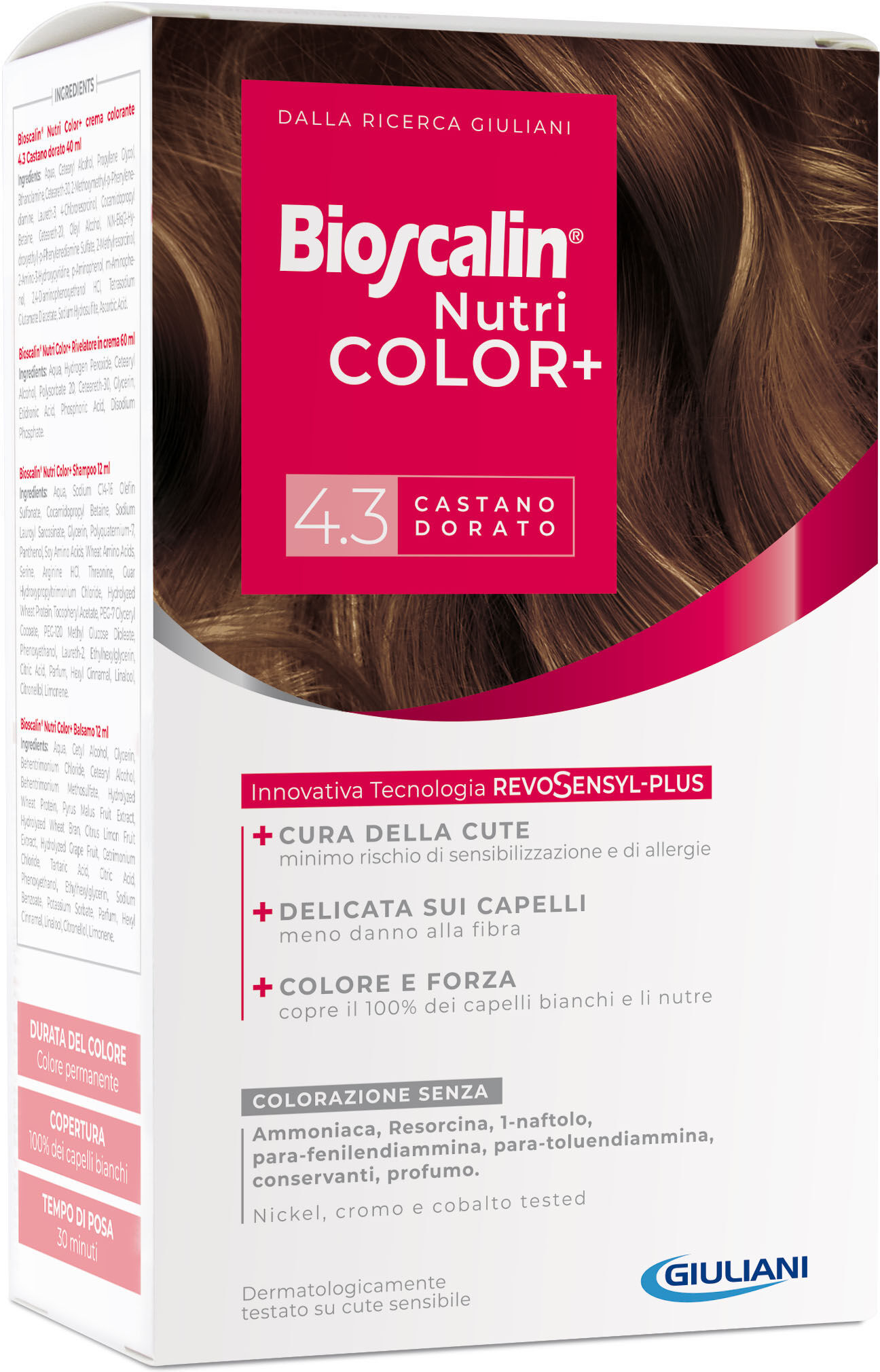 Bioscalin nutricolor plus 4,3 castano dorato crema colorante 40 ml + rivelatore crema 60 ml + shampoo 12 ml + trattamento finale balsamo 12 ml