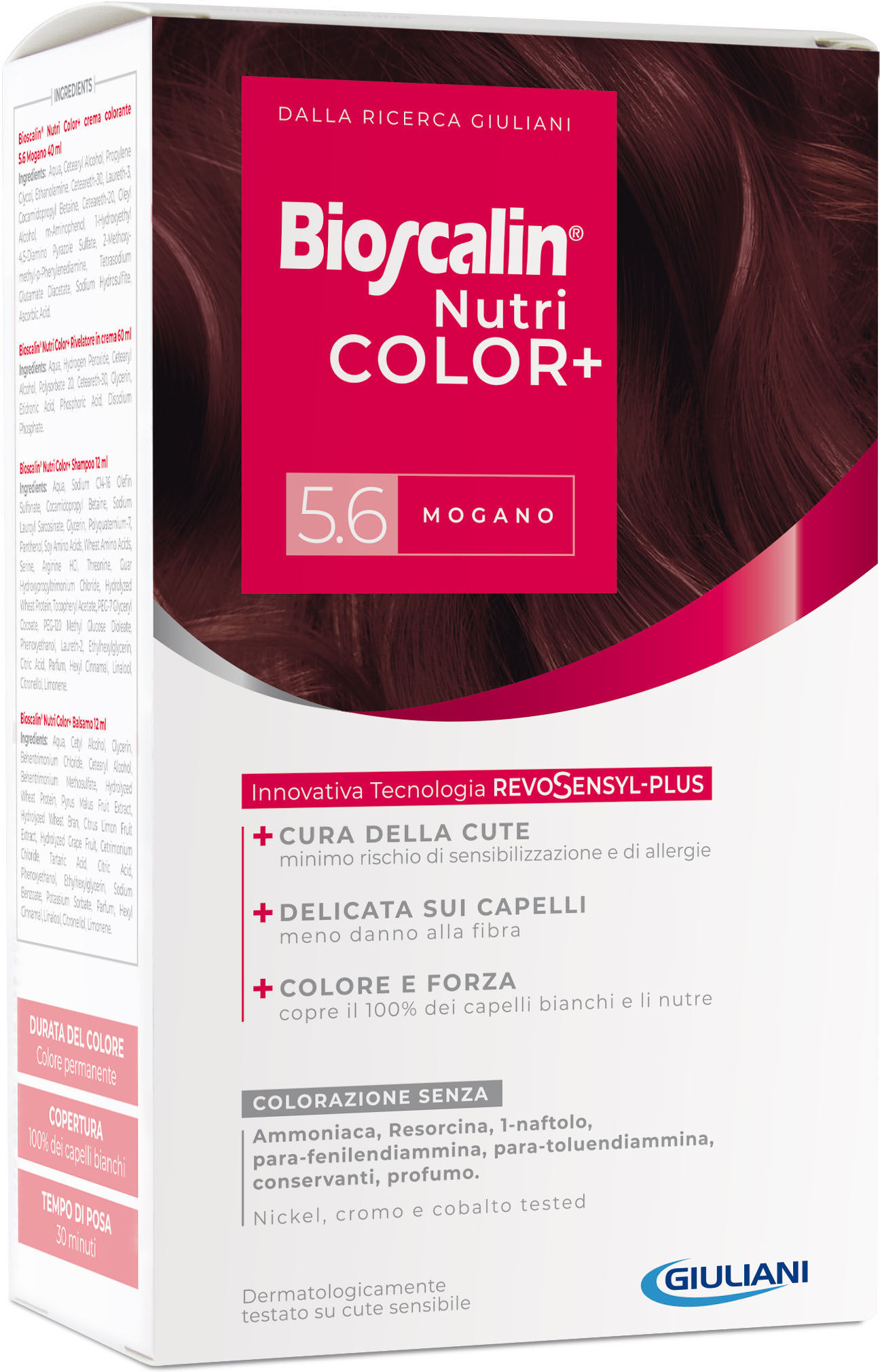 Bioscalin nutricolor plus 5,6 mogano crema colorante 40 ml + rivelatore crema 60 ml + shampoo 12 ml + trattamento finale balsamo 12 ml