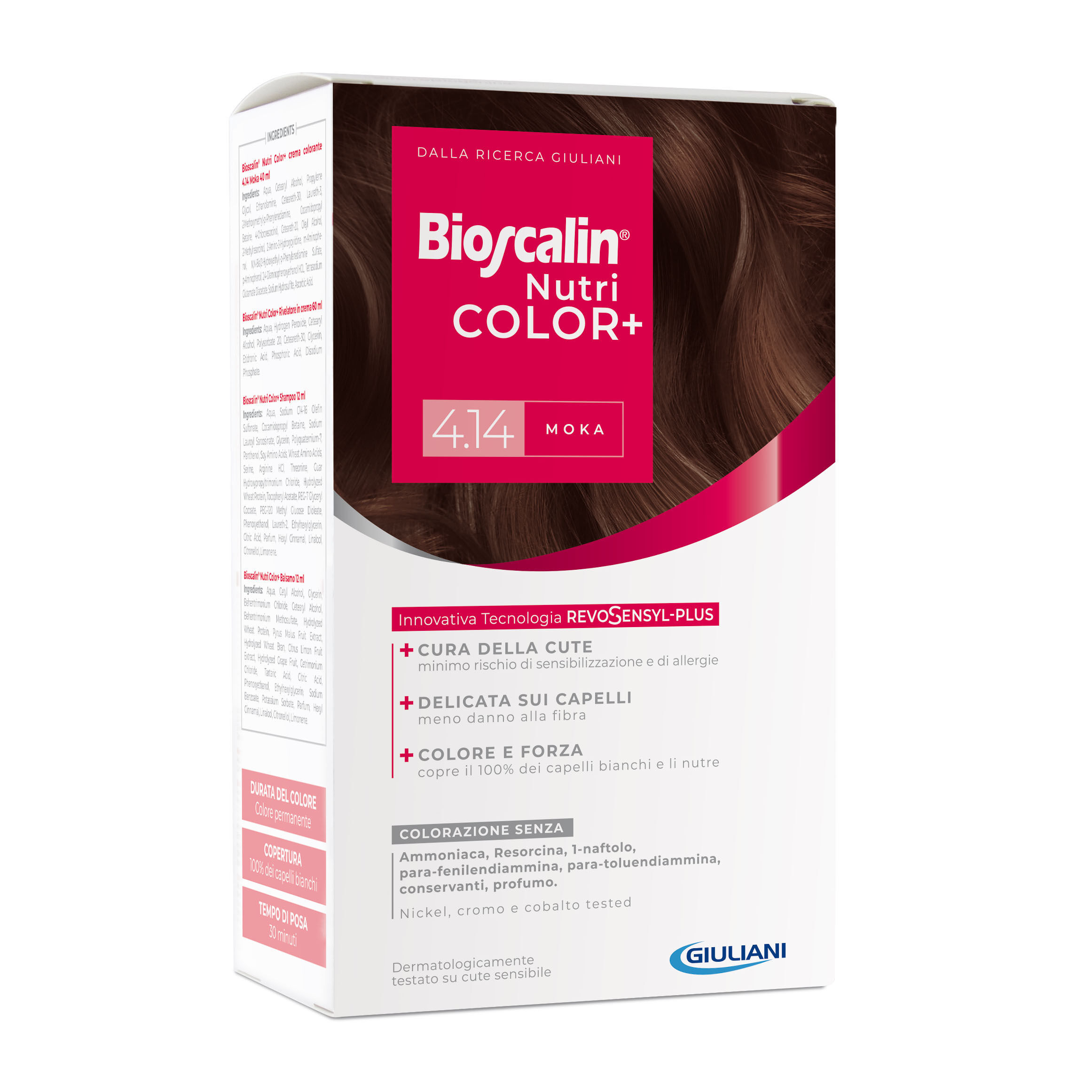 Bioscalin nutricolor plus 4,14 moka crema colorante 40 ml + rivelatore crema 60 ml + shampoo 12 ml + trattamento finale balsamo 12 ml