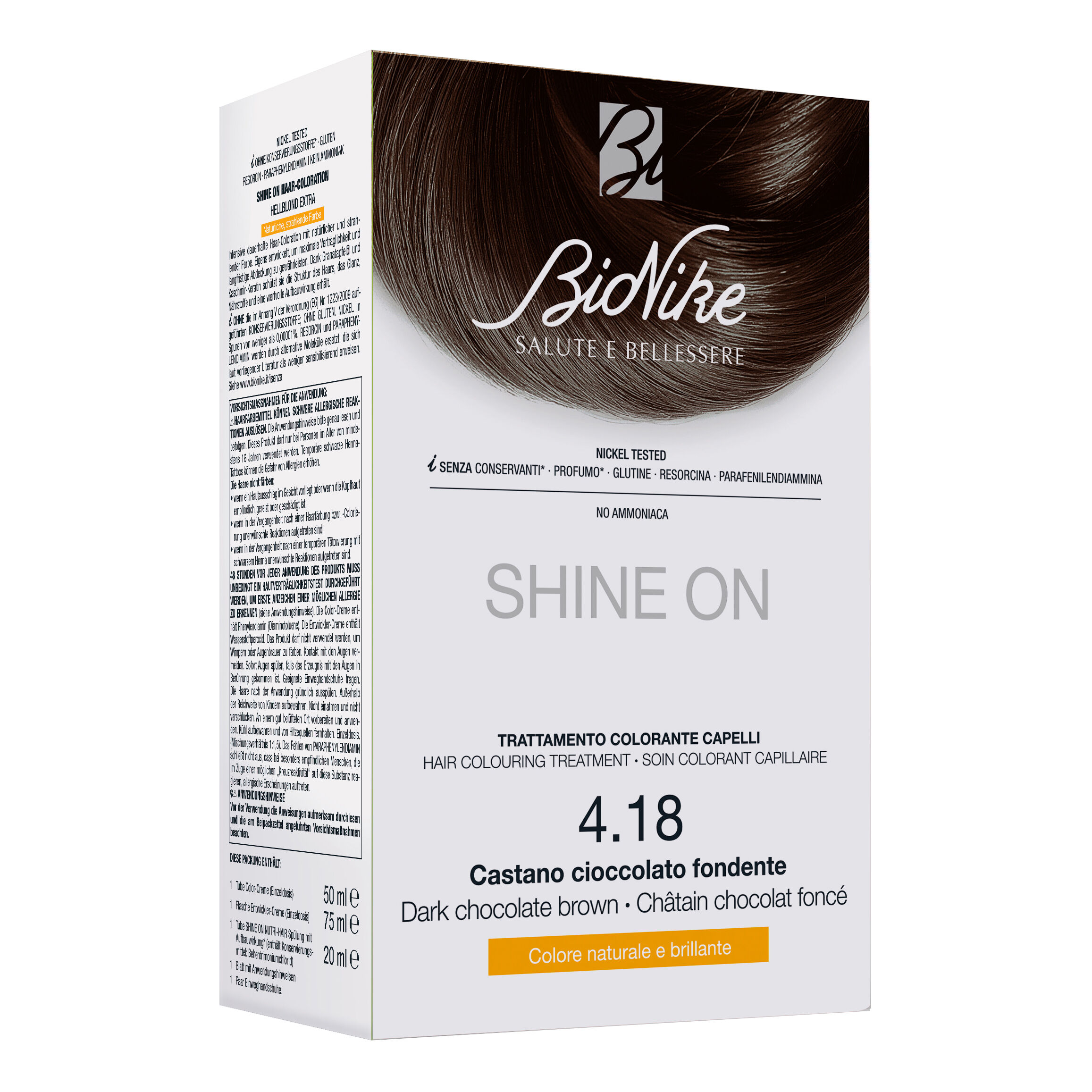 Bionike Shine on castano cioccolato fondente 4,18 flacone 75 ml + tubo 50 ml