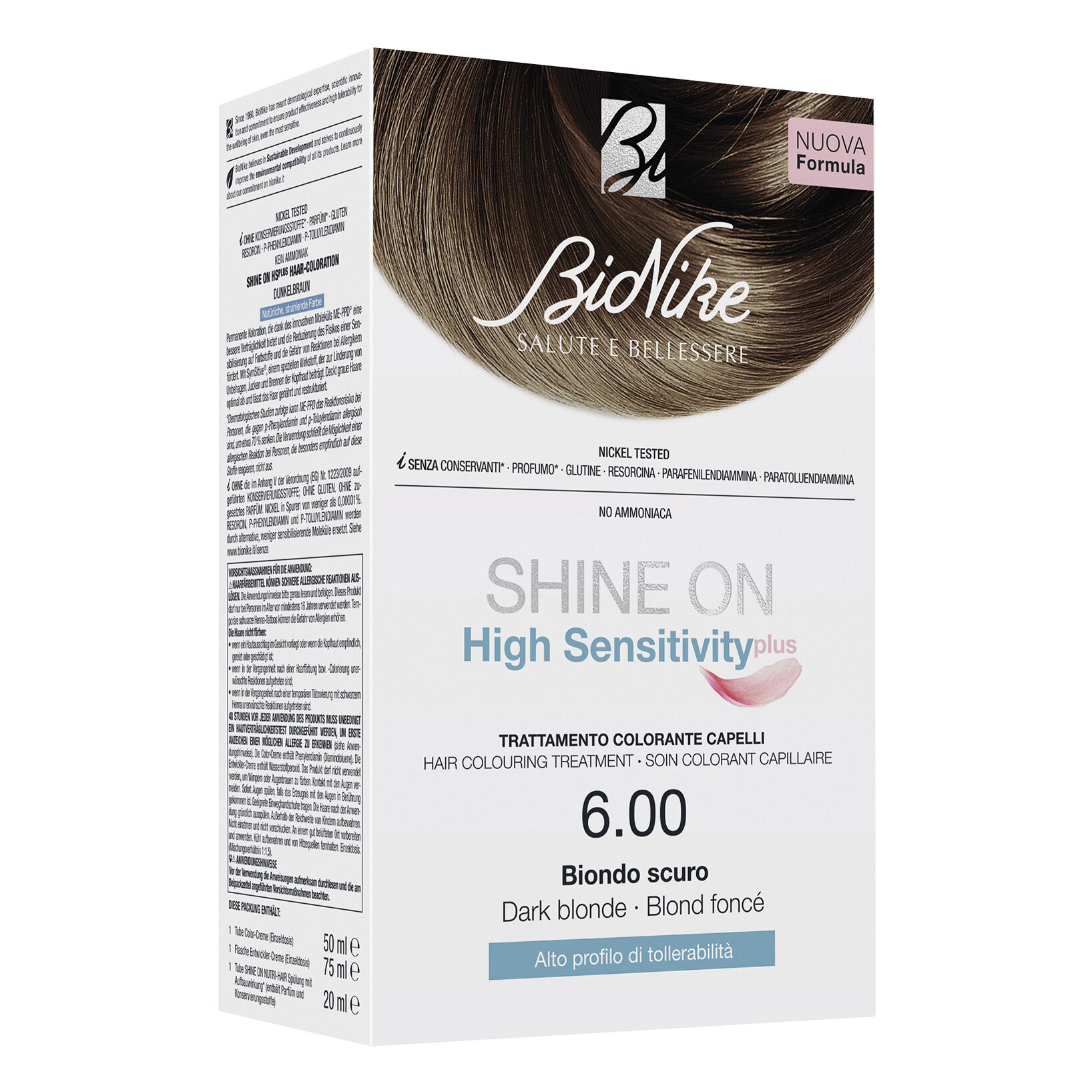 Bionike Shine on high sensitivity plus biondo scuro 6,00 rivelatore in crema 75 ml + crema colorante 50 ml