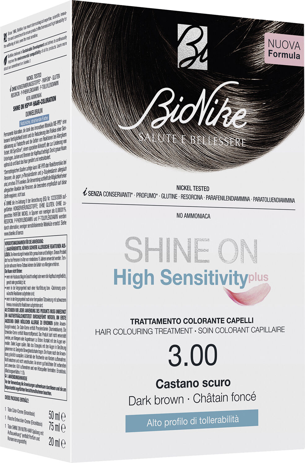 Bionike Shine on high sensitivity plus castano scuro 3,00 rivelatore in crema 75 ml + crema colorante 50 ml