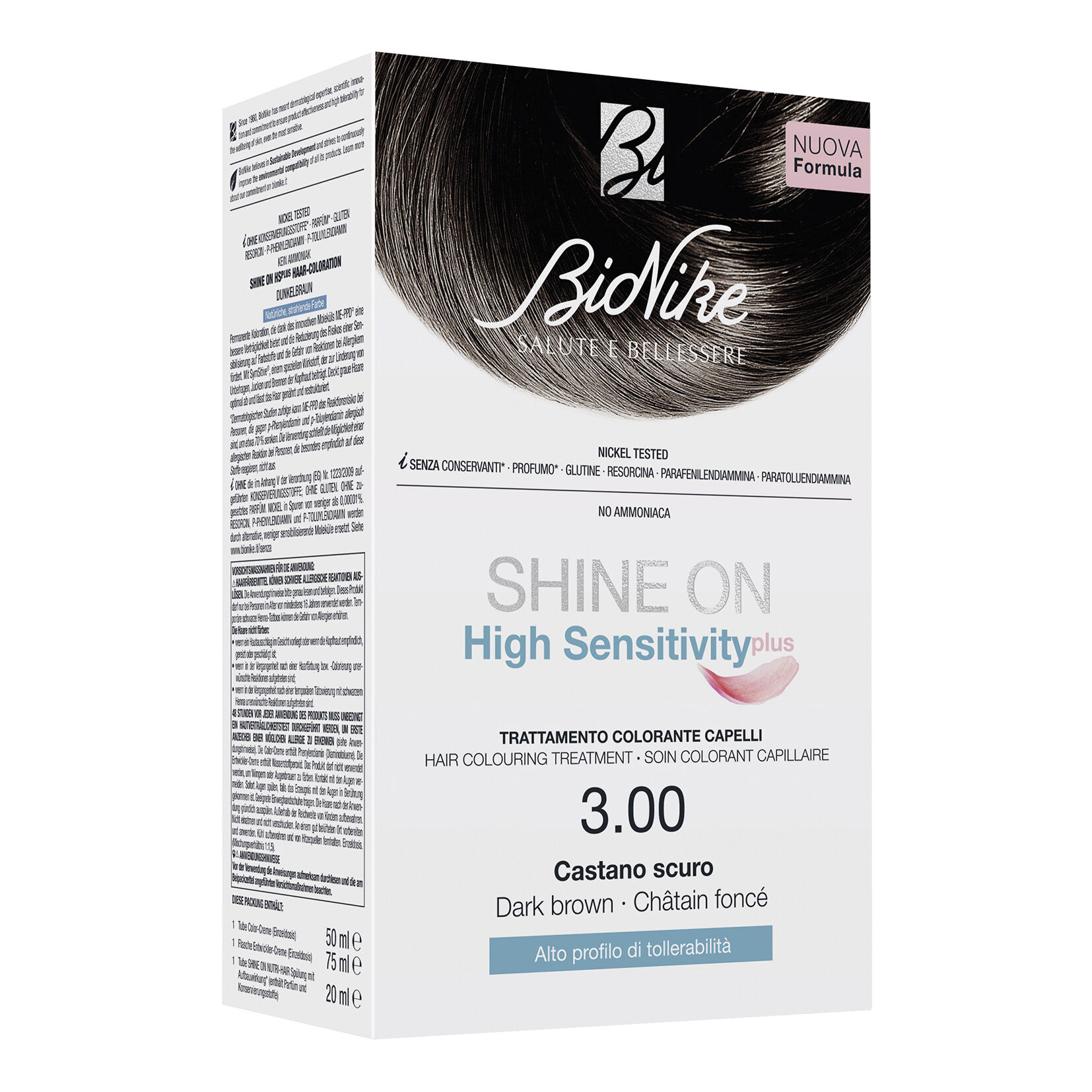 Bionike Shine on high sensitivity plus castano scuro 3,00 rivelatore in crema 75 ml + crema colorante 50 ml