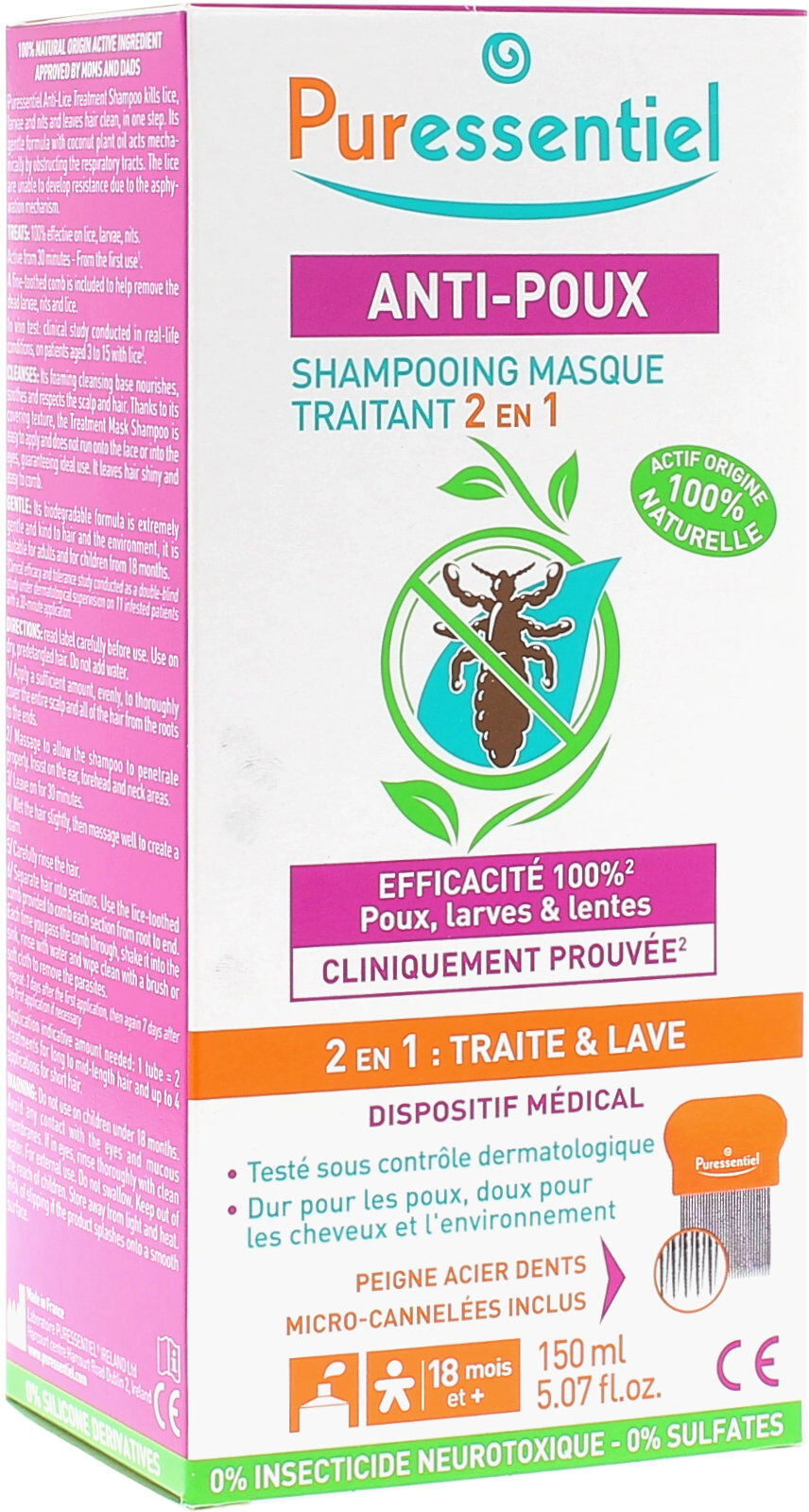 PURESSENTIEL Anti Pidocchi - Shampoo Maschera Trattante + Pettine 150 Ml