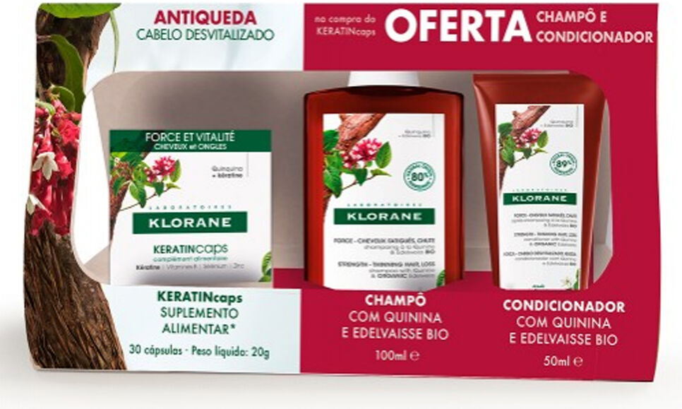 Klorane Pack Keratin 30 Cápsulas + Champô Quinina e Edelvaisse BIO 100ml + Condicionador Quinina e E