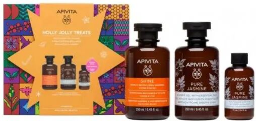 Apivita Pack Holly Jolly Treats Shine Shampoo + 250ml + Pure Jasmine Gel Banho 250ml + Leite Corporal 75ml