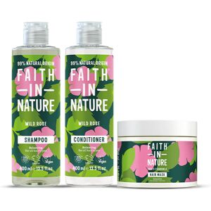 Faith In Nature 3 Piece Bundle - Shampoo, Conditioner, Hair Mask - Wild Rose - Organic - Natural, Vegan & Cruelty Free - Paraben And SLS Free