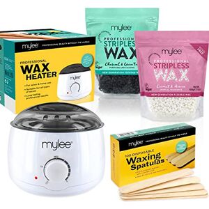 Mylee Professional Waxing Kit with Wax Heater, Hard Wax Beads 500g, Spatulas - Stripless Depilatory Waxing Pellets Solid Film Beans No Strip Needed, Made in The UK (Both Wax Pouches)