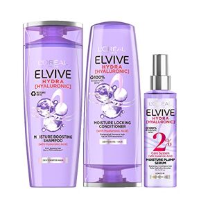 L'Oreal Paris Elvive Hydra Hyaluronic Shampoo, Conditioner and Serum Set with Hyaluronic Acid, Hair Care Treatment with Anti Frizz Spray for Dry Hair, Shampoo 500ml, Conditioner 400ml, Serum 150ml
