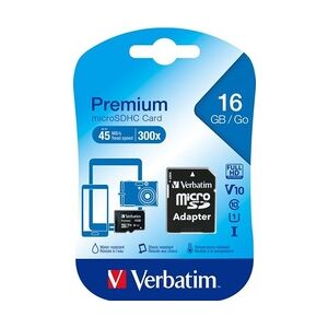 Verbatim microSDHC Speicherkarte, 16 GB, Premium, Class 10, U1, UHS-I 45MB/s, 300x, Adapter