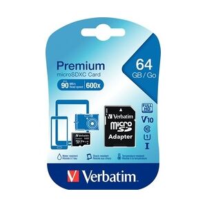 Verbatim microSDXC Speicherkarte, 64 GB, Premium, Class 10, U1, UHS-I 45MB/s, 300x, Adapter