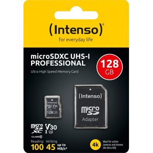 Intenso microSDXC Card 128GB, Professional, Class 10, U1 (R) 100MB/s, (W) 45MB/s, SD-Adapter, Retail-Blister