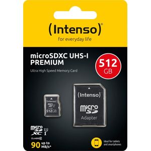 Intenso microSDXC Card 512GB, Premium, Class 10, U1 (R) 90MB/s, (W) 10MB/s, SD-Adapter, Retail-Blister