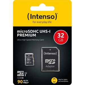 Intenso microSDHC Card 32GB, Premium, Class 10, U1 (R) 90MB/s, (W) 10MB/s, SD-Adapter, Retail-Blister