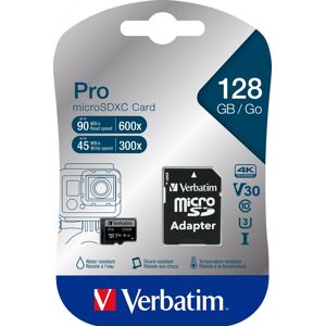 Verbatim microSDXC-Card 128GB, PRO, U3, UHS-3, 4K UHD (R) 90MB/s, (W) 45MB/s, SD Adapter, Retail-Blister