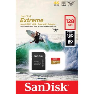 SanDisk microSDXC Card 128GB, Extreme, U3, A2, 4K UHD (R) 160MB/s, (W) 90MB/s, SD Adapter, Retail-Blister