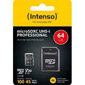 Intenso microSDXC Card 64GB, Professional, Class 10, U1 (R) 100MB/s, (W) 45MB/s, SD-Adapter, Retail-Blister