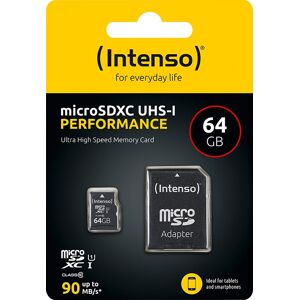 Intenso microSDXC Card 64GB, Performance, Class 10, U1 (R) 90MB/s, (W) 10MB/s, SD-Adapter, Retail-Blister