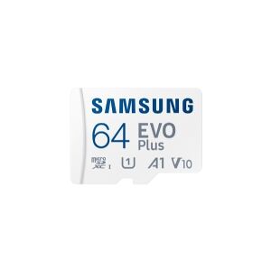 Samsung EVO Plus MB-MC64S - Flashhukommelseskort (microSDXC til SD adapter inkluderet) - 64 GB - A1 / Video Class V10 / UHS-I U1 / Class10 - microSDXC UHS-I - hvid