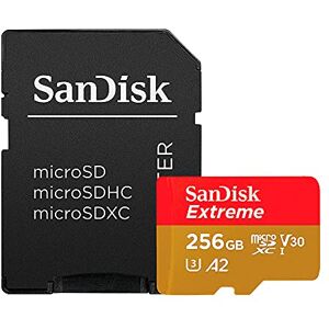 SanDisk Extreme 256 GB microSDXC Memory Card + SD Adapter with A2 App Performance + Rescue Pro Deluxe, Up to 160 MB/s, Class 10, UHS-I, U3, V30, Red/Gold - Publicité