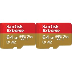 Sandisk 64GB Extreme microSDXC card for Action Cams and Drones + SD adapter + RescuePRO Deluxe, up to 170 MB/s, with A2 App Performance, UHS-I, Class 10, U3, V30 (Pack of 2)