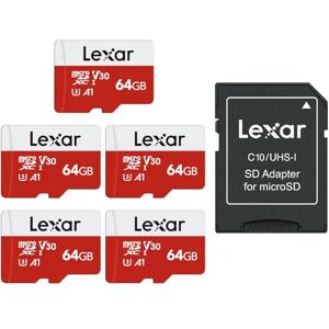 Lexar Micro SD 64GB 5PK, Micro SD Card up to 100MB/sec(R), MicroSDXC Memory Card with SD Adapter, A1, U3, C10, V30, Micro SD Card Pack of 5