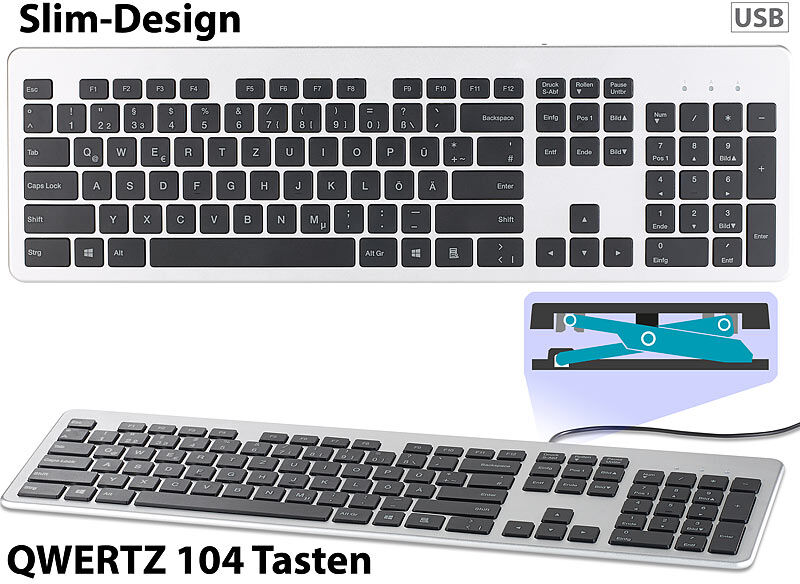 GeneralKeys USB-Voll-Tastatur, Super-Slim mit Scissor-Tasten, Ziffernblock, flach