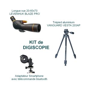 KIT Digiscopie avec longue-vue 20-60x70 LEVENHUK BLAZE Pro et trépied VESTA 203AP et adaptateur smartphone bluetooth VANGUARD