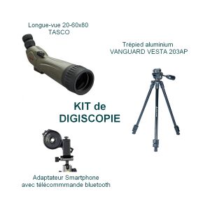 KIT Digiscopie avec longue-vue 20-60x80 TASCO et trépied VESTA 203AP et adaptateur smartphone bluetooth VANGUARD