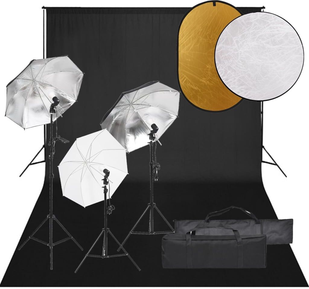 vidaXL Kit de estudio fotográfico con set de luces, fondo y reflector