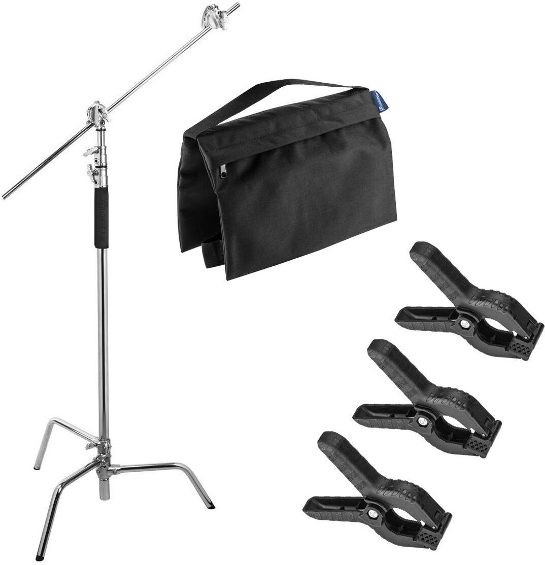 Flashpoint 10' C Light Stand on Turtle Base Kit, Chrome, w/Spring Clamps,Sandbag