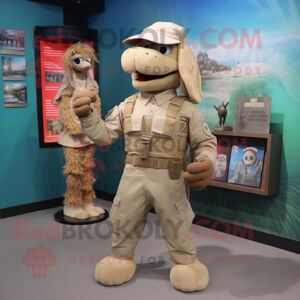 REDBROKOLY Tan Marine Recon mascot costume character dressed with a Cardigan and Handbags