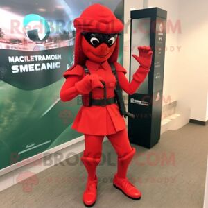 REDBROKOLY Red Marine Recon mascot costume character dressed with a Pencil Skirt and Shoe clips