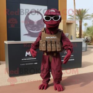 REDBROKOLY Maroon Marine Recon mascot costume character dressed with a T-Shirt and Shawls