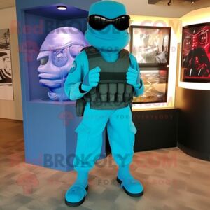 REDBROKOLY Cyan Marine Recon mascot costume character dressed with a Dress and Shoe clips