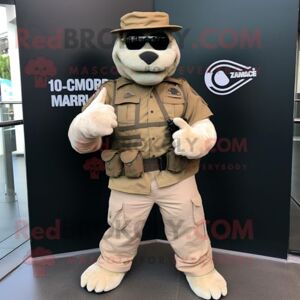 REDBROKOLY Cream Marine Recon mascot costume character dressed with a Corduroy Pants and Bracelets