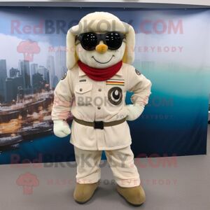 REDBROKOLY Cream Marine Recon mascot costume character dressed with a Corduroy Pants and Bracelets
