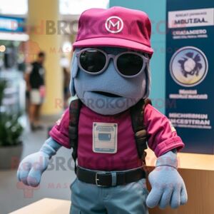 REDBROKOLY Magenta Marine Recon mascot costume character dressed with a Denim Shorts and Beanies