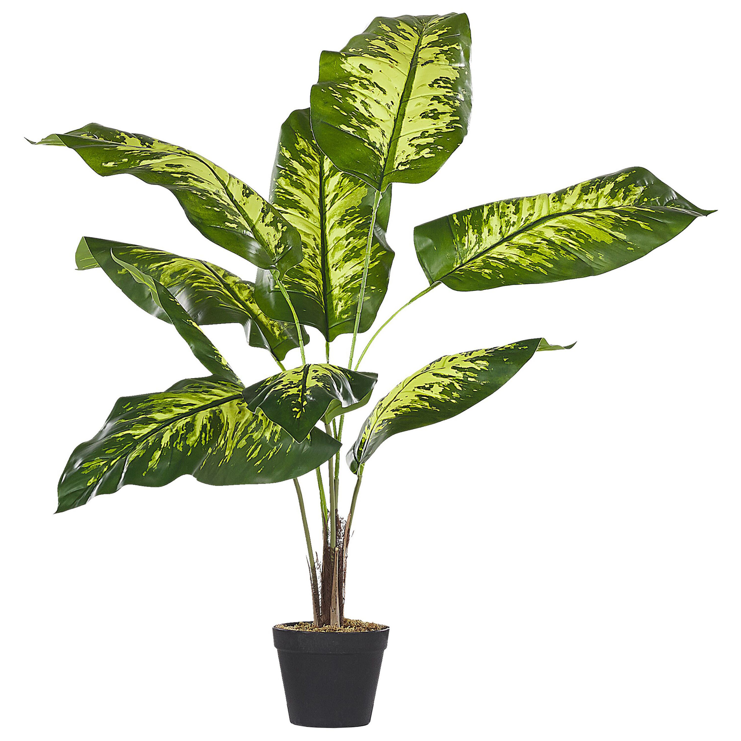 Beliani Planta artificial Dieffenbachia de material sintético verde em vaso preto tem altura de 122 cm acessório decorativo para interior exterior