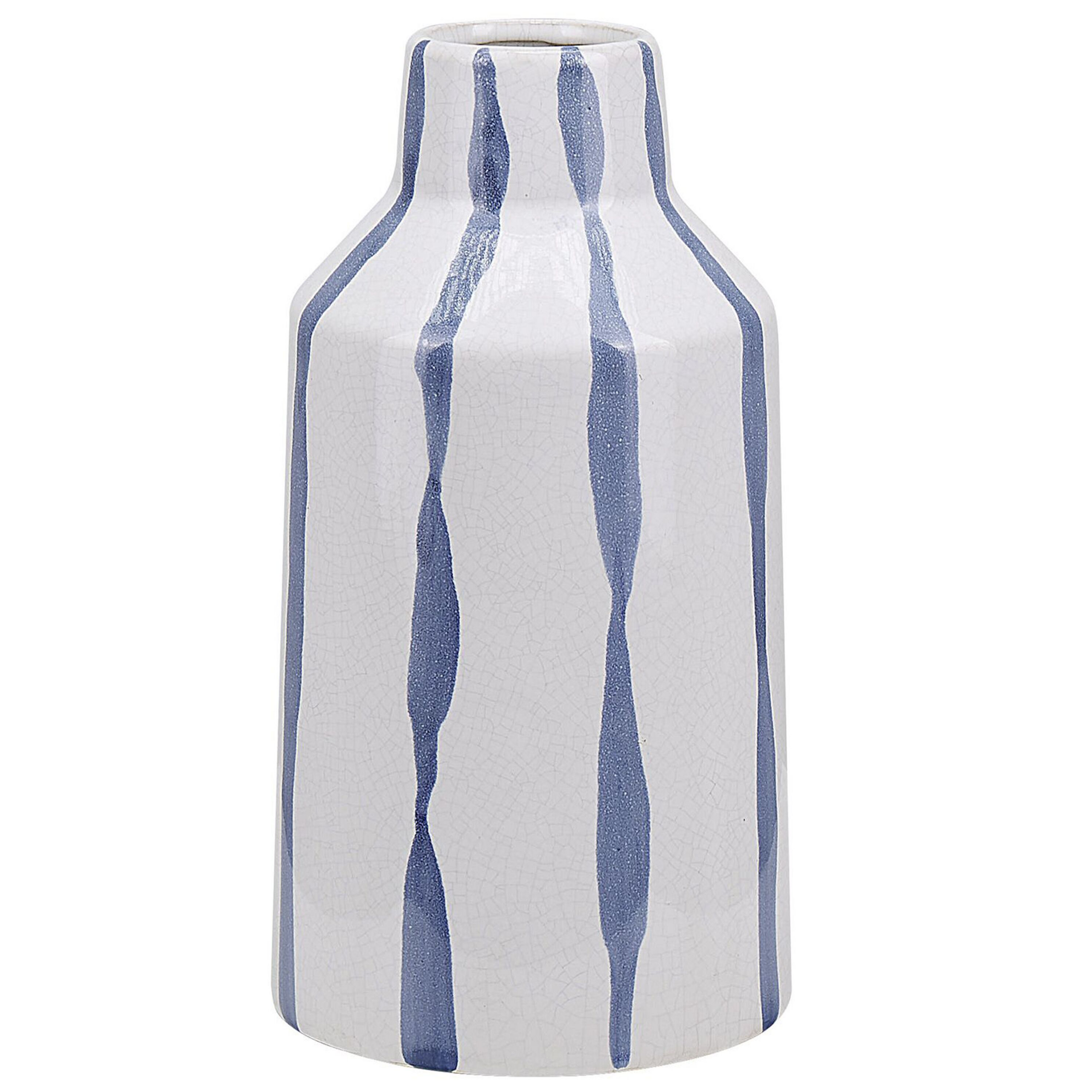 Beliani Vaso decorativo em cerâmica azul e branca com riscas em aspeto estalado estilo vintage
